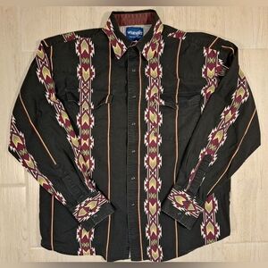 Wrangler Vintage Aztec Print Brushpopper Black Button Up Pearl Snap Shirt Large